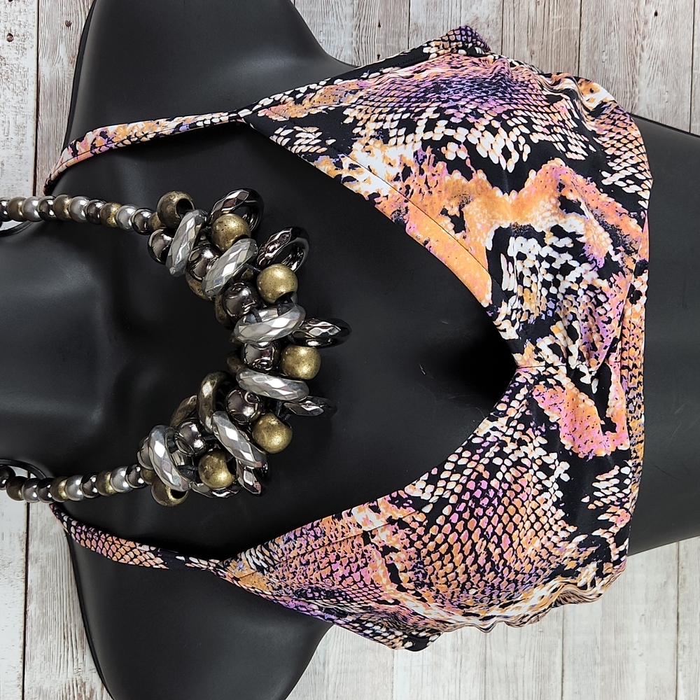 Shade & Shore, 2 pc Swimsuit Bikini,  coral, black, yellow Reptile print, Sz M/L - Picture 2 of 11